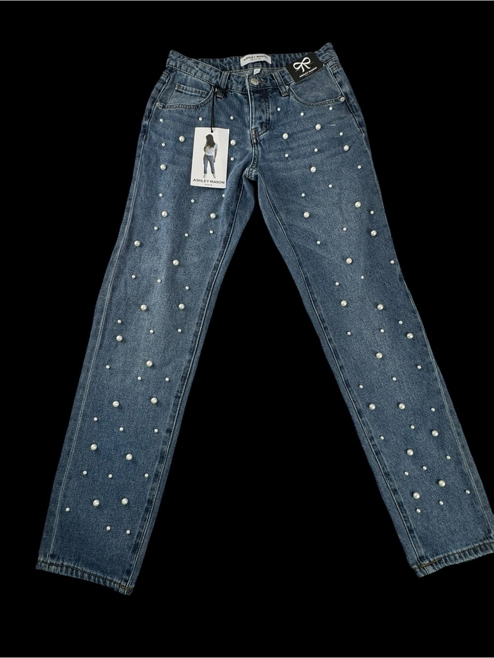 Ashley Mason Blue Straight-Leg Jeans with Pearl Accents